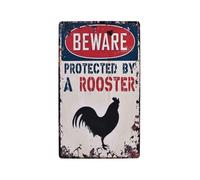 PAJPXPCD Novelty Rooster Guard Sign Vintage Metal Tin Beware Protected By A Funny Country Decor for Home Kitchen Bar 8 X 12 inch