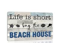 PAJPXPCD Retro Metal Tin Sign with Inspirational Quote Life Is Short Buy the Beach House Vintage Wall-Art for Outdoor Indoor Patio Living Room 8 X 12 inch
