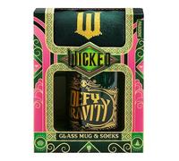 Paladone Wicked Movie Tasse en verre et chaussettes - Cadeau sous licence officielle Disney pour les fans méchants, tasse Defy Gravity teintée verte et chaussettes confortables Emerald City