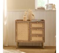 Calicosy - Commode 1 Porte et 3 Tiroirs avec Façades en Rotin Naturel et Pieds en Bois Massif - L80 x P39 x H79,5 cm - Collection Palmo