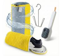 PANDANIA Sac Lavage Chaussures Machine à Laver - Kit Complet 2 Sacs + Brosse + Cintre - Filet Chaussure Renforcé avec Compartiments Semelles & Zip Cadenas Anti-Ouverture - Housse Basket (Jaune)