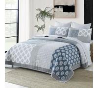 PANGUSHAN Parure de lit 3 pièces pour très Grand lit, 100% Coton, Motif Floral réversible en Patchwork pour très Grand lit, Bleu/Gris/Blanc, Couette légère pour Toutes Les Saisons