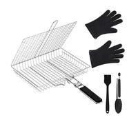 Panier à barbecue en acier inoxydable 32 x 46,5 cm, pliable pour poisson et légumes - Avec accessoires de barbecue tels que gants en silicone et pince - Accessoire de barbecue robuste pour camping