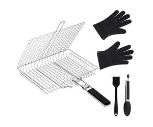 Panier à barbecue en acier inoxydable 32 x 46,5 cm, pliable pour poisson et légumes - Avec accessoires de barbecue tels que gants en silicone et pince - Accessoire de barbecue robuste pour camping