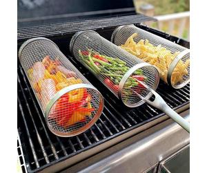 Panier à barbecue roulant - accessoires de barbecue portables pour légumes, frites et poisson - grille ronde pour barbecue (30 cm)