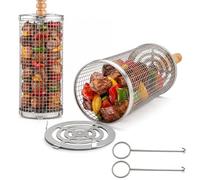 Panier à Barbecue Roulant, Grand + Petit, Acier Inoxydable 304 | Poignée Amovible, Accessoires pour Légumes, Ustensiles de Cuisine Extérieur Camping, Cadeau Anniversaire Homme Papa