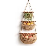 Panier à fruits et légumes suspendu à 3 niveaux - Filet mural amovible - Panier mural en jute tissé à la main - Support de cuisine