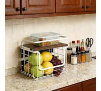 Panier à fruits magnétique suspendu et étagère à épices 2 en 1, organiseur de cuisine sans perçage, ensemble de rangement pour fruits et légumes, étagère suspendue,30,5 x 16 x 26 (2 pièces) Blanc