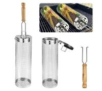 Panier à grillades inox 2 pièces avec manche en bois - taille moyenne pour barbecue extérieur