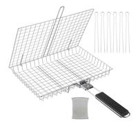 Panier à grillades Large avec 6 brochettes BBQ, Pinceau en Silicone, Brosse de Nettoyage, poignée en Bois Pliable, Cage à grillades pour Poisson, Viande, légumes, Fruits de mer, 18,3 x 12,6 x 1,6 in