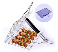Panier à Griller en Acier Inoxydable 430 - 32x22 cm, Portable avec Poignée en Bois Amovible, Sac de Transport Inclus, Idéal pour Poisson, Légumes, Steaks et Crevettes, Revêtement Antiadhésif