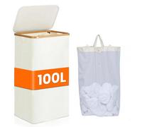 Panier à linge - 100 L - 3 compartiments - Avec couvercle - Modèle étroit et peu encombrant - Sac en filet amovible - Pliable - Beige