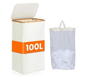 Panier à linge - 100 L - 3 compartiments - Avec couvercle - Modèle étroit et peu encombrant - Sac en filet amovible - Pliable - Beige