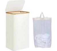 Panier à linge 100 l - Panier à linge étroit - Avec couvercle - Peu encombrant - Sac en filet amovible - Pliable - Imperméable - Poignées en bambou - Gris clair