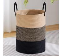 Panier à linge 100L XXL, rond, tressé en corde de coton, noir, avec poignée