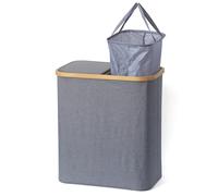 Panier à linge 110 L gris - Corbeille à linge pliable avec 2 compartiments, sacs amovibles avec poignées et couvercle - Pour salle de bain, buanderie, chambre et salon