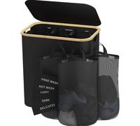 Panier à linge - 160 l - 3 compartiments - Avec couvercle - Sac en filet amovible - Poignées en bambou - Pliable - Imperméable - Noir