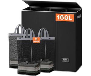 Panier à linge 160L avec 3 compartiments, couvercle et sac en filet - Noir