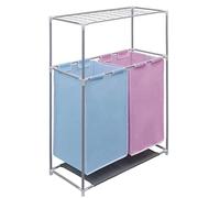 Panier à linge 2 chambres avec séchoir à linge en polyester et cadre en fer, 70 x 30 x 80 cm, pliable avec compartiments de séparation, poignée et compartiment de rangement, organisateur peu