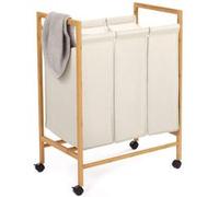 IDMarket - Panier à Linge 3 Compartiments Bambou Rita Tissu écru avec roulettes