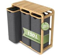 Panier à linge 3 compartiments, gris. Collecteur de linge avec espace de rangement. En bambou. Aspect bois chaleureux, design épuré, grande capacité sur une petite surface. 50 litres par compartiment.