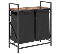 Panier à linge à 2 compartiments avec étagère en chêne fumé - Trieur à linge avec sacs amovibles, cadre en acier et matériau en bois, plateau supérieur pour détergent, stable et durable