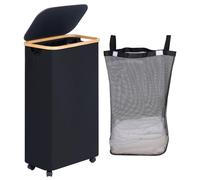 Panier à linge à roulettes - 75 litres - Mince - Noir - Pliable avec couvercle et poignées en bambou