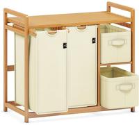 Panier à linge AdelDream, 140L, avec 4 compartiments, collecteur de linge avec espace de rangement, en bambou. Trieur de linge avec 2 sacs de 50L, 2 boîtes de 20L, amovibles, couleur beige