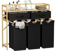 Panier à linge avec 3 compartiments, 150 litres, collecteur de linge avec espace de rangement et 2 tiroirs, trieur de linge, système de tri de linge, bac à linge, coffre à linge avec sac à linge amovi