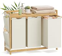 Panier À Linge Avec 3 Compartiments, Panier À Linge, Capacité Jusqu'à 150 L, Trieur À Linge, Avec Étagère, Sac À Linge, Poches Latérales