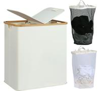 Panier à linge avec couvercle 140 l 2 compartiments Bambou Lin Gris clair Beige