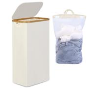 Panier à linge avec couvercle, 75 litres, étroit, pliable, de couleur beige, avec une poche intérieure lavable et des poignées en bambou