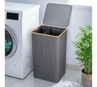 Panier à linge avec couvercle, coffre à linge 2 compartiments, 100 litres, étroit et haut, tissu Oxford, structure stable, gris