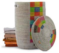 Panier à linge avec couvercle, d'une capacité de 80 litres, fabriqué en herbe de savane