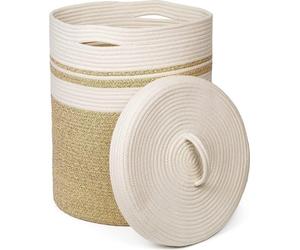 Panier à linge avec couvercle, panier à linge, panier de rangement, panier à linge tissé, sac à linge, panier, rangement, salle de bain, panier à linge, boîte de rangement ronde, coton, panier à linge