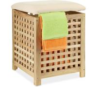 Panier à Linge Avec Siège, En Bois De Noyer, Avec Revêtement Tissu, Hxlxp : 50 X 39 X 39 Cm, 45 Litres, Nature - Relaxdays
