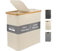 Panier à linge beige clair avec couvercle - 150 litres, 2 compartiments, système de tri XL pour le linge