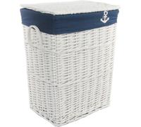 Panier à linge Coffre à linge en osier blanc rectangulaire Housse bleu marine Couvercle 90L LxPxH 48x36x62cm