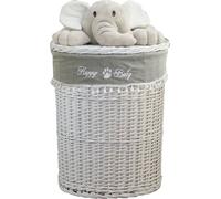 Panier à linge Coffre à linge Osier rond blanc Couvercle avec peluche éléphant Housse couvercle 96L D.46 H.62