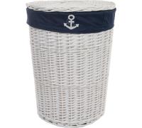 Panier à linge Coffre à linge Osier rond blanc Couvercle Housse bleu marine D.46cm H.62cm 96L