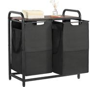 Panier à linge Collecteur de linge - plateau en bois, système de tri du linge avec 2 sacs extensibles (tissu 600D Oxford) & cadre métallique - système de tri pour vêtements sales - salle de bain noire