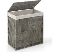 Panier à linge COSTWAY 110 L avec couvercle, panier à linge en rotin tressé à la main avec poignées pratiques et sac intérieur amovible, bac à linge pliable en 2 parties, gris
