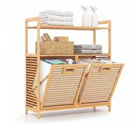 Panier à linge COSTWAY, collecteur de linge avec 2 compartiments en bambou, trieur de linge avec 2 étagères et sacs à linge, boîte à linge, 80 x 30 x 92 cm, couleur naturelle