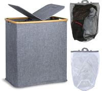 Panier à linge Couvercle 2 compartiments 140 l Bleu-gris Lin Bambou