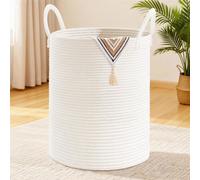 Panier à linge de 100 litres, forme ronde, tressé, avec poignées en coton, de couleur blanche