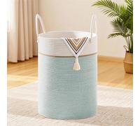 Panier à linge de 58 litres, vert clair, tressé en corde de coton, forme ronde, avec poignée