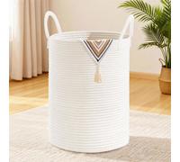 Panier à linge de 72 litres, forme ronde, tressé, avec poignée en coton, de couleur blanche