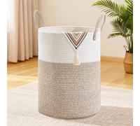 Panier à linge de 72 litres, forme ronde, tressé, avec poignées en coton, couleur marron et blanc