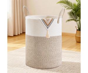 Panier à linge de 72 litres, forme ronde, tressé, avec poignées en coton, couleur marron et blanc