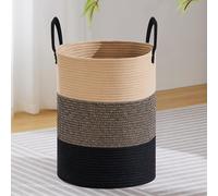 Panier à linge de 72 litres, rond, tressé en corde de coton, avec poignée, finition noire
